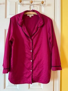 Oscar de la Renta Pink Label Magenta Satin Pajama Top Black Piping Size M
